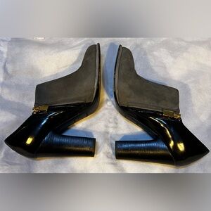 See By Chloe 2-tone black leather & gray suede stacked heel, size 37/6.5.